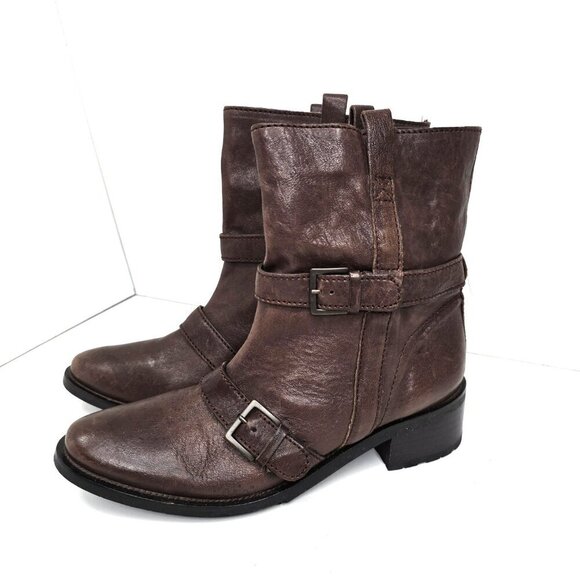 Cole Haan Women Hemlock Boot Brown Leather Moto Buckle Strap Biker Bootie - Picture 4 of 10